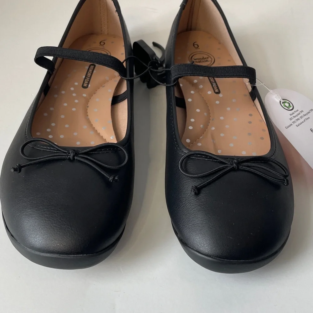 Wonder Nation Youth Girls Size 6 Black Ballet Flats with Bow Accent NWT